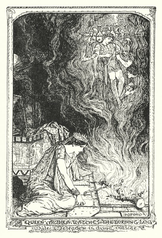 Dronning Althea ser på den brennende stokken mens Meleager dør utenfor (litho) av Henry Justice Ford