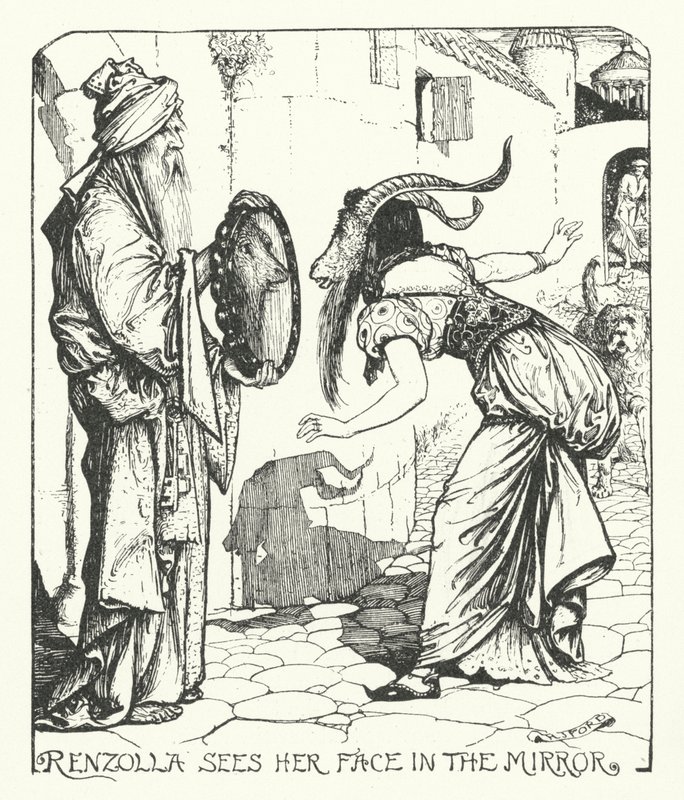 Renzolla ser ansiktet hennes i speilet (gravering) av Henry Justice Ford