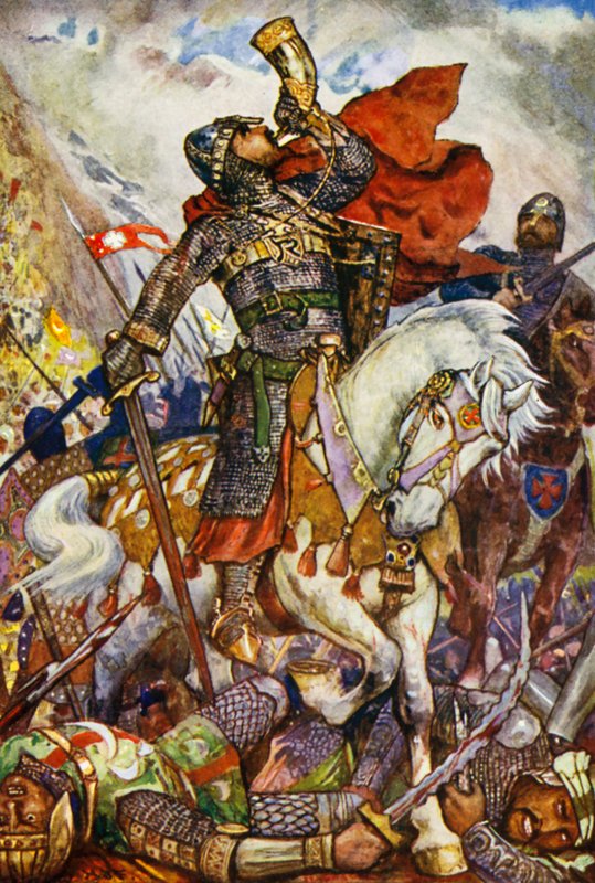 Roland blåser i hornet i Roncevaux-dalen av Henry Justice Ford