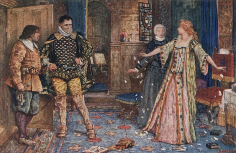 Når hun sa, rev hun Leicesters brev i stykker og trampet på dem da de falt på gulvet (farge litho) av Henry Justice Ford