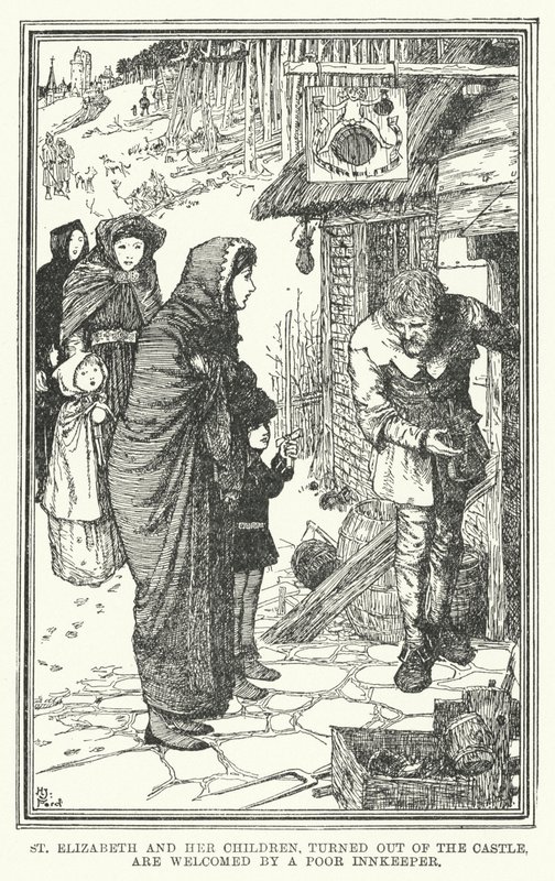 St Elizabeth og barna hennes, vendt ut av slottet, blir ønsket velkommen av en fattig gjestgiver (litho) av Henry Justice Ford