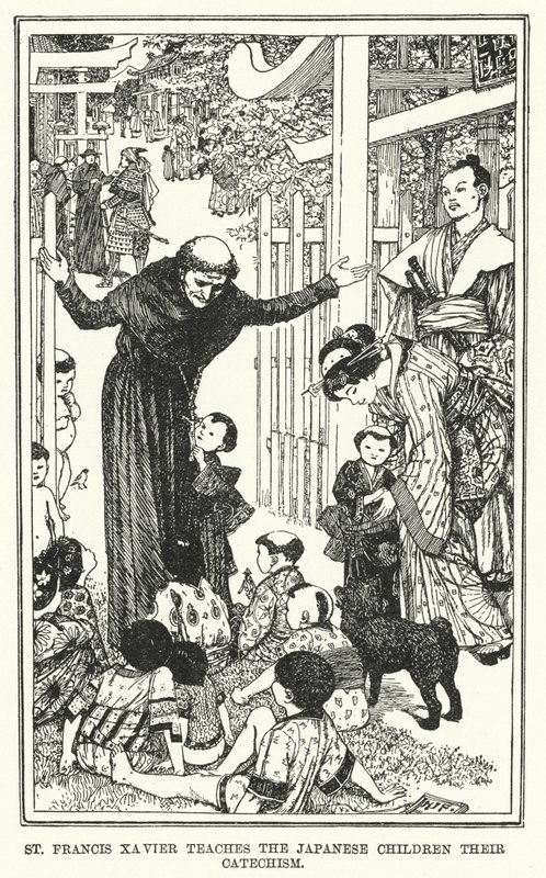 St Francis Xavier lærer de japanske barna deres katekisme (litho) av Henry Justice Ford