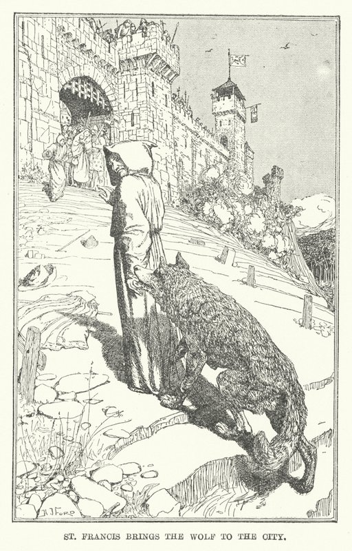 St Francis bringer ulven til byen (litho) av Henry Justice Ford