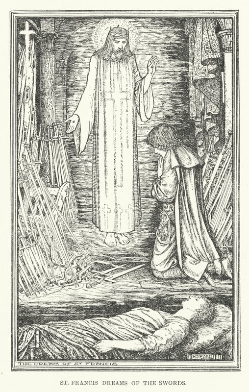 St Francis drømmer om sverdene (litho) av Henry Justice Ford