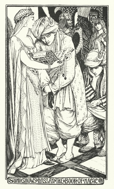 Sumi viser Hassan the Book of Magic (gravering) av Henry Justice Ford