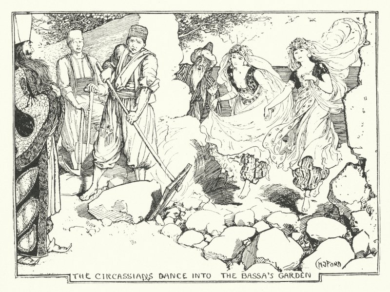 The Circassians danser inn i Bassa's Garden (gravering) av Henry Justice Ford