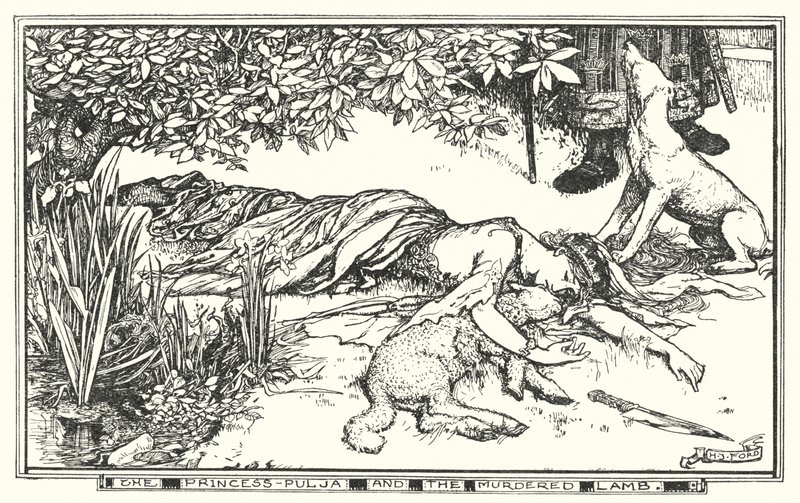 Prinsessen Pulja og det myrdede lammet (litho) av Henry Justice Ford