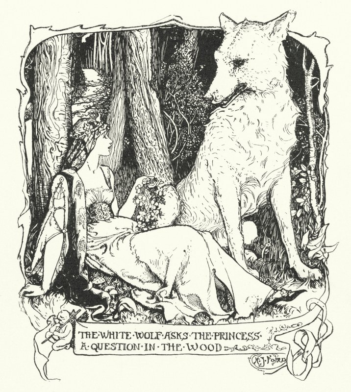 Den hvite ulven stiller prinsessen et spørsmål i skogen (gravering) av Henry Justice Ford
