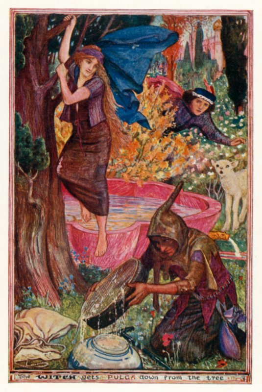 Heksa får Pulga ned fra treet (farge litho) av Henry Justice Ford