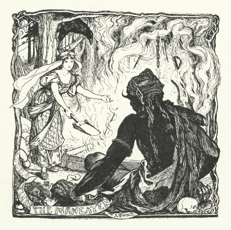Udea finner maneateren (gravering) av Henry Justice Ford