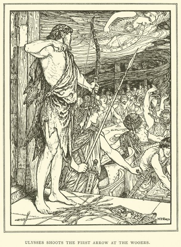 Ulysses skyter den første pilen mot Wooers av Henry Justice Ford