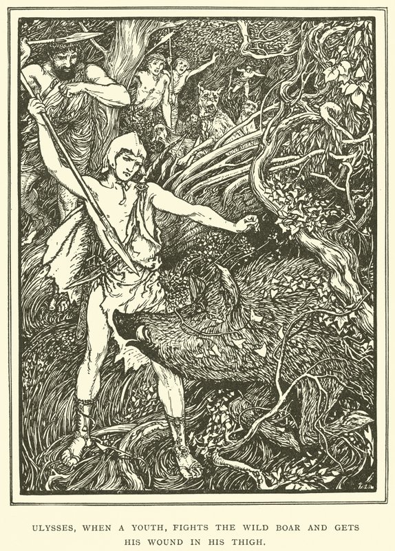 Ulysses, når en ungdom, kjemper mot villsvinet og får såret sitt i låret av Henry Justice Ford