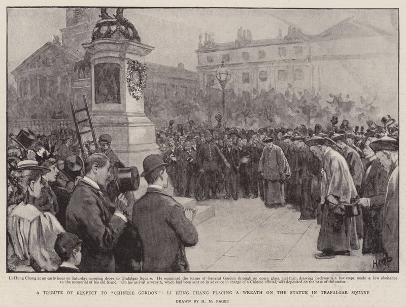 En hyllest av respekt til kinesiske Gordon, Li Hung Chang plasserer en krans på statuen på Trafalgar Square av Henry Marriott Paget