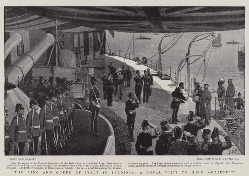 Kongen og dronningen av Italia på Sardinia, et kongelig besøk til HMS Majestic av Henry Marriott Paget