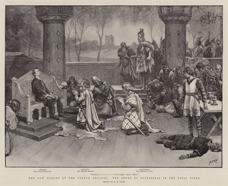 The New Hamlet på Lyceum Theatre, inngangen til Fortinbras i sluttscenen av Henry Marriott Paget