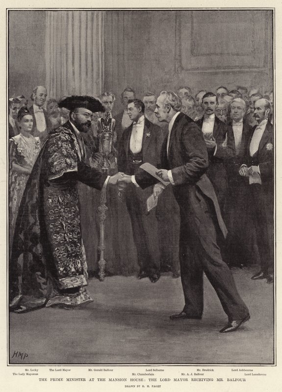 Statsministeren i Mansion House, Lord Mayor tar imot Mr Balfour av Henry Marriott Paget