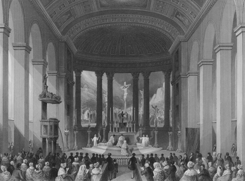 Feiring av høymesse på juledag, romersk-katolske kapell, Moorfields, City of London (gravering) av Henry Melville