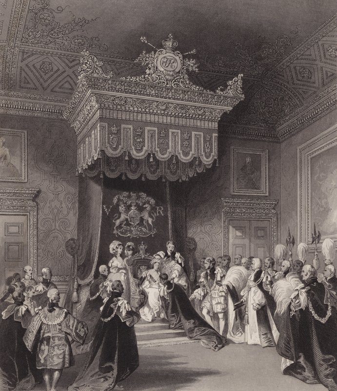 Dronning Victoria på tronen, St James's Palace, London (gravering) av Henry Melville