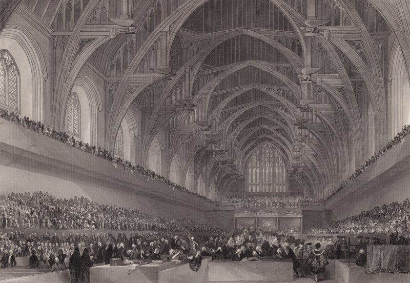 Rettssak mot Warren Hastings, generalguvernør i Bengal, i Westminster Hall, London av Henry Melville