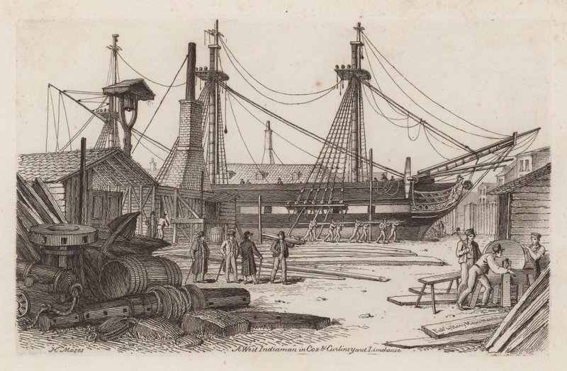 En vestindiamann i Cox and Curlins Yard, Limehouse av Henry Moses