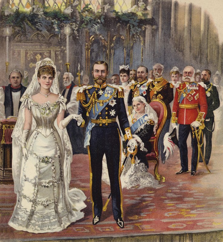 Ekteskapet til hertugen av Cornwall og York med prinsesse Mary, Chapel Royal, St James' Palace, London, 6. juli 1893 (chromolitho) av Henry Payne