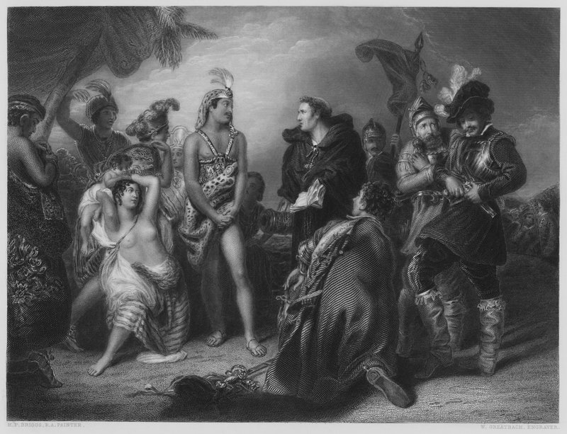 Spanjoler og peruanere, fra bildet i Vernon Gallery (gravering) av Henry Perronet (after) Briggs