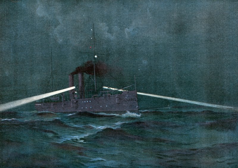 Håndhevelsen av nøytralitetslovene med Spania, Cruiser Montgomery og pistolbåten Annapolis patruljerer cubanske farvann på jakt etter en filibustering Schooner av Henry Reuterdahl