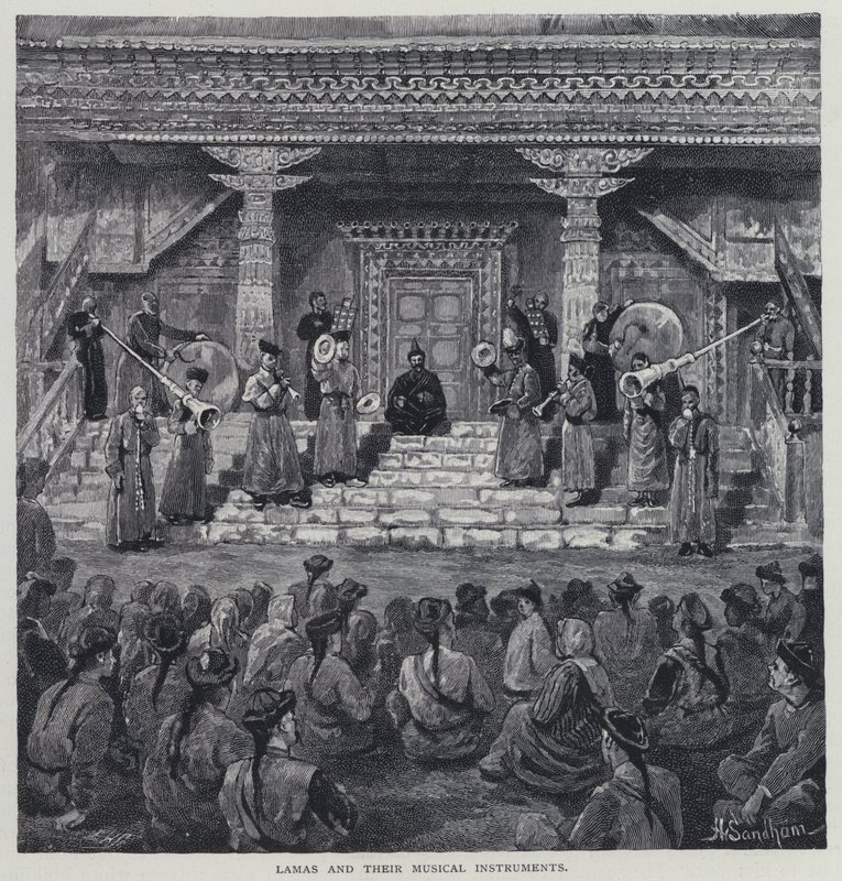 Lamaer og deres musikkinstrumenter (litho) av Henry Sandham