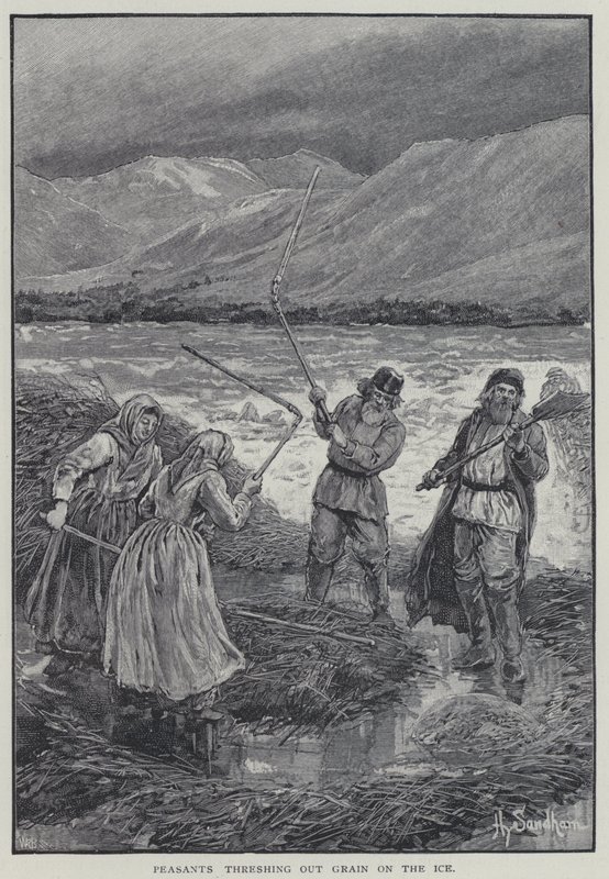 Bønder som tresker ut korn på isen (litho) av Henry Sandham