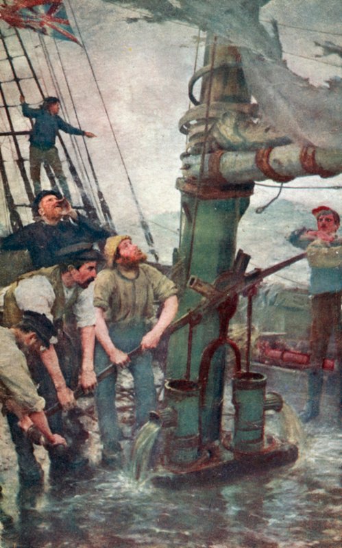 Alle hender til pumpene (farge litho) av Henry Scott Tuke