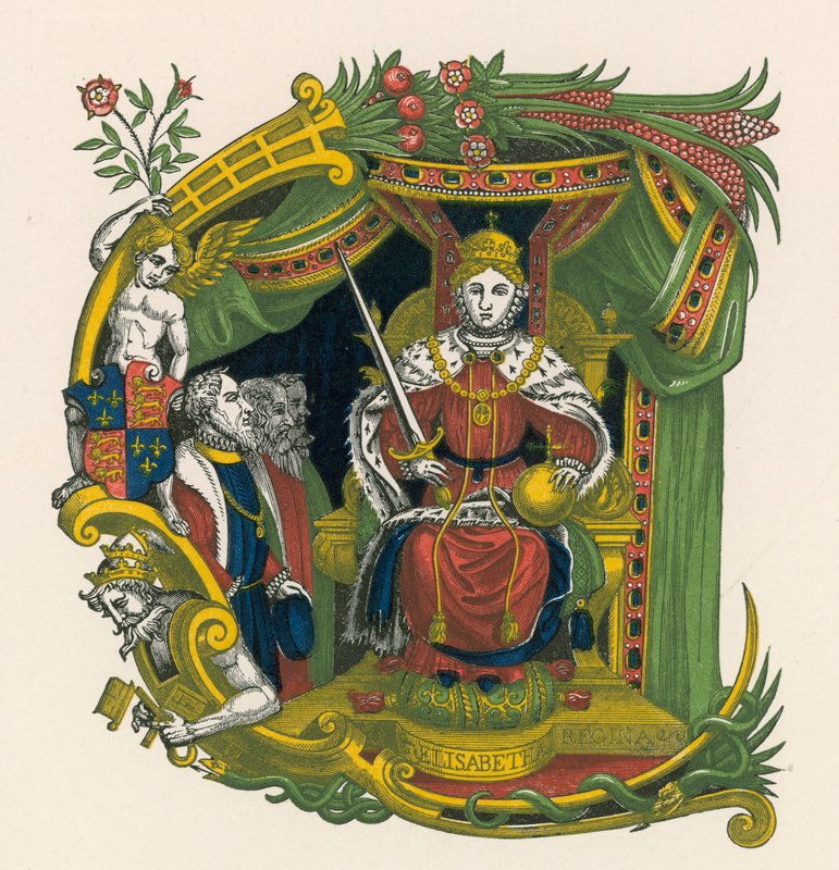 Ornamental bokstav E, med portrett av dronning Elizabeth I av Henry Shaw