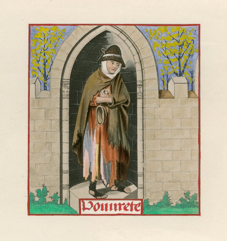 Fattigdom, fra Romance of the Rose, ca 1480, i British Museum, Harl M S 4425 av Henry Shaw