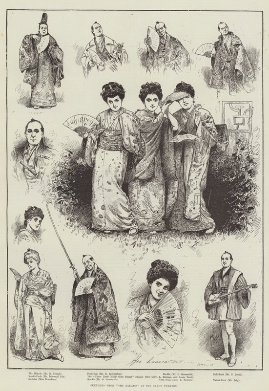 Skisser fra "The Mikado" på Savoy Theatre (gravering) av Henry Stephen (b.1861 fl.1880 1925) Ludlow