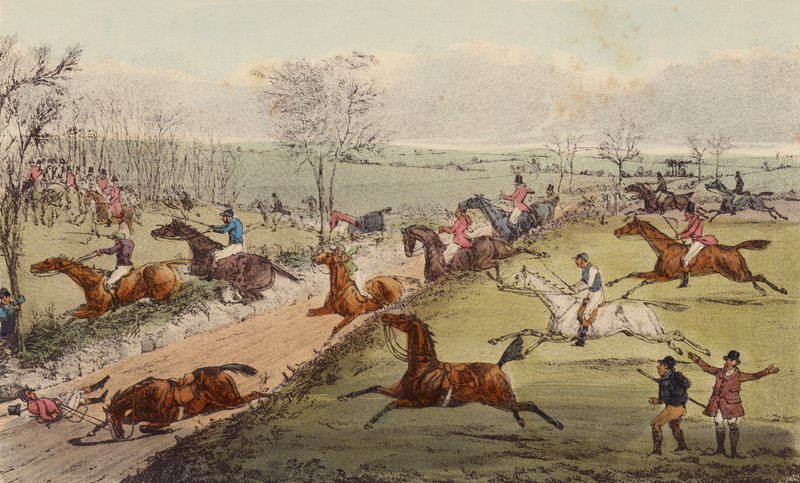 A Steeple-Chase, The Sunken Road (farge litho) av Henry Thomas (after) Alken