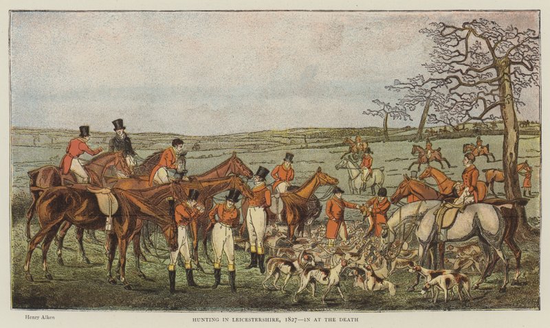 Jakt i Leicestershire, 1827, ved døden (chromolitho) av Henry Thomas Alken