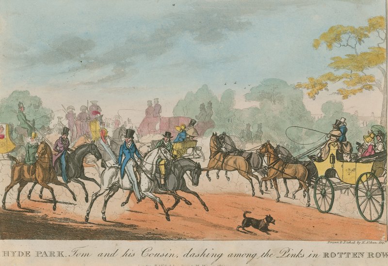 Hyde Park, London, Tom og fetteren hans suser blant de rosa i Rotten Row av Henry Thomas Alken