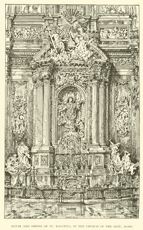 Alter og helligdom for St Ignatius, i Gesu-kirken, Roma (gravering) av Henry William Brewer