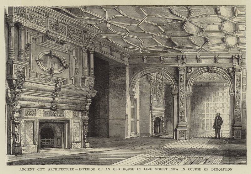 Gammel byarkitektur, interiør i et gammelt hus i Lime Street, nå under riving av Henry William Brewer