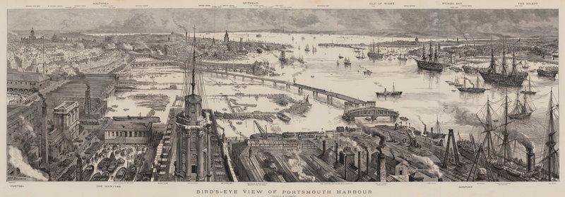 Fugleperspektiv over Portsmouth havn av Henry William Brewer