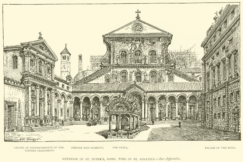 Eksteriør av Peterskirken, Roma, tiden for St. Ignatius (gravering) av Henry William Brewer