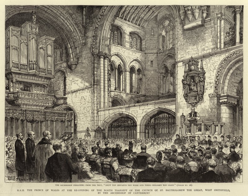 H R H prinsen av Wales ved gjenåpningen av North Transept av Church of St Bartholomew the Great, West Smithfield, av erkebiskopen av Canterbury av Henry William Brewer
