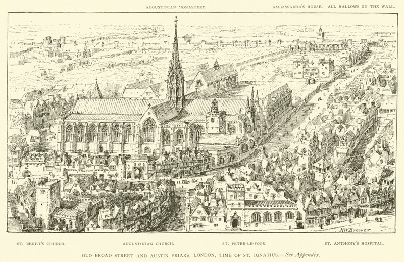 Old Broad Street og Austin Friars, London, tiden for St Ignatius (gravering) av Henry William Brewer
