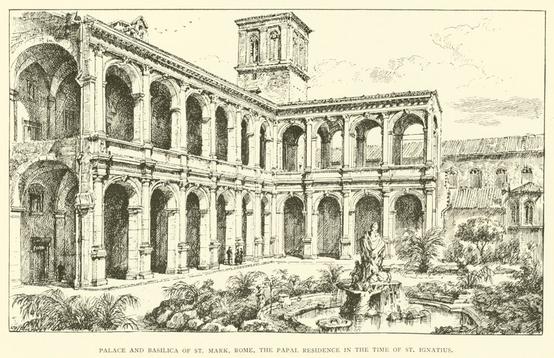 Palasset og basilikaen St Mark, Roma, den pavelige residens på St Ignatius tid (gravering) av Henry William Brewer