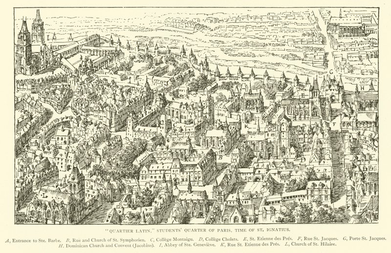 "Quartier Latin," Studentkvarteret i Paris, tiden for St Ignatius (gravering) av Henry William Brewer