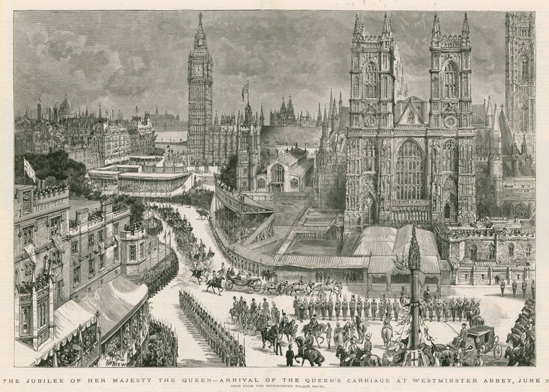 Jubileet til Hennes Majestet Dronningen - ankomst av dronningens vogn til Westminster Abbey av Henry William Brewer