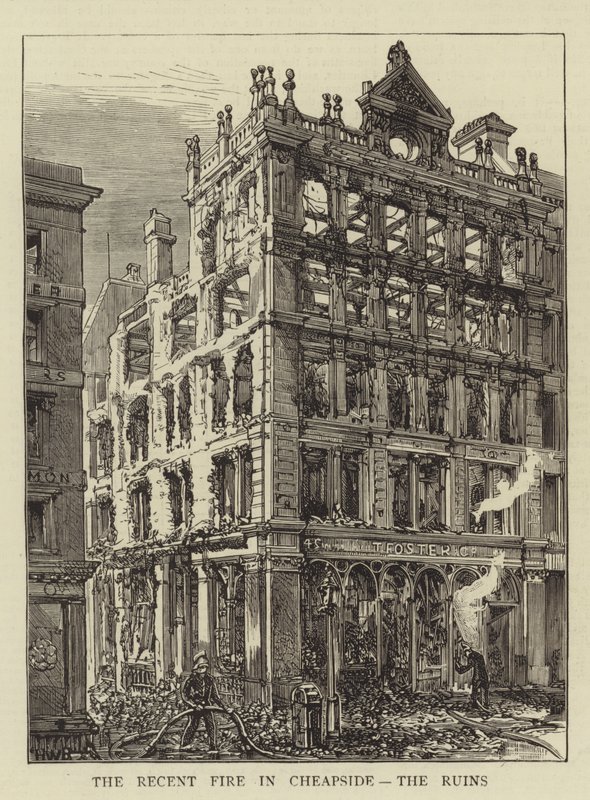 Den nylige brannen i Cheapside, ruinene av Henry William Brewer