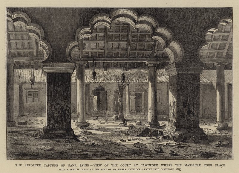 Den rapporterte fangsten av Nana Sahib, utsikt over domstolen i Cawnpore der massakren fant sted av Henry William Brewer
