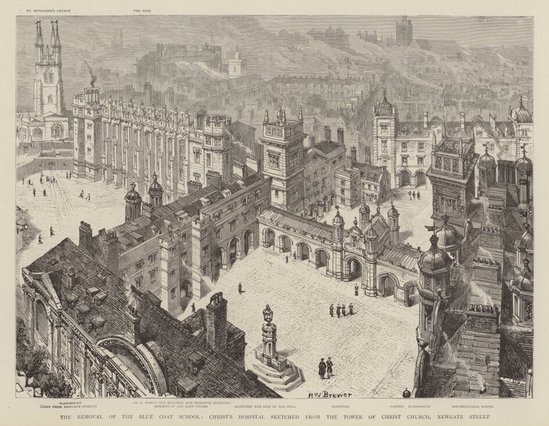 Fjerningen av The Blue Coat School, Christ's Hospital skissert fra Tower of Christ Church, Newgate Street av Henry William Brewer