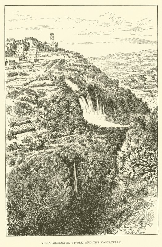 Villa Mecenate, Tivoli og Cascatelle (gravering) av Henry William Brewer
