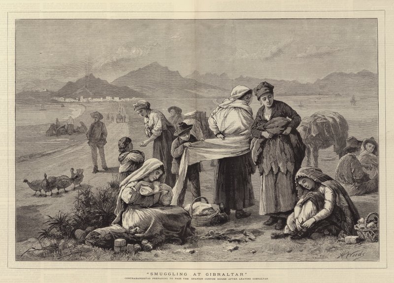 Smugling på Gibraltar, Contrabandistas forbereder seg på å passere det spanske tollhuset etter å ha forlatt Gibraltar av Henry Woods